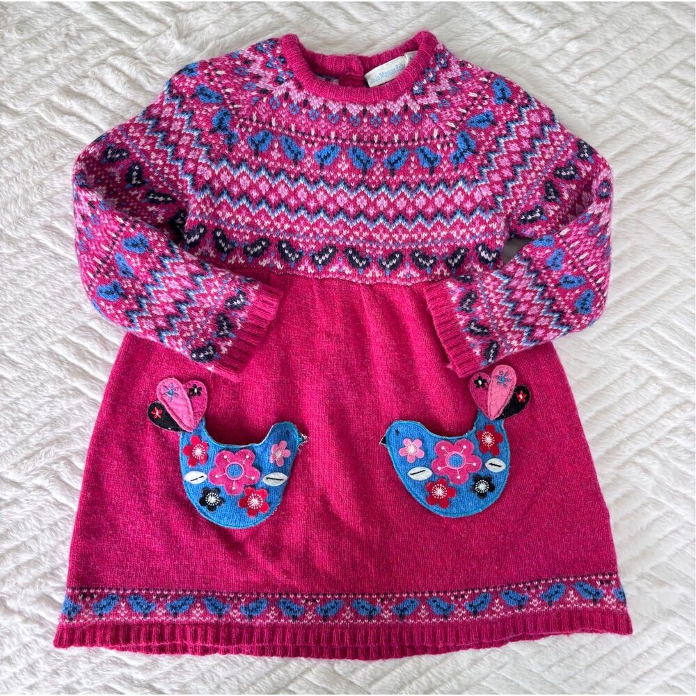 JoJo Maman Bebe 12-18M Wool Cashmere Blend Fair Isle Bird Appliqué Sweater Dress